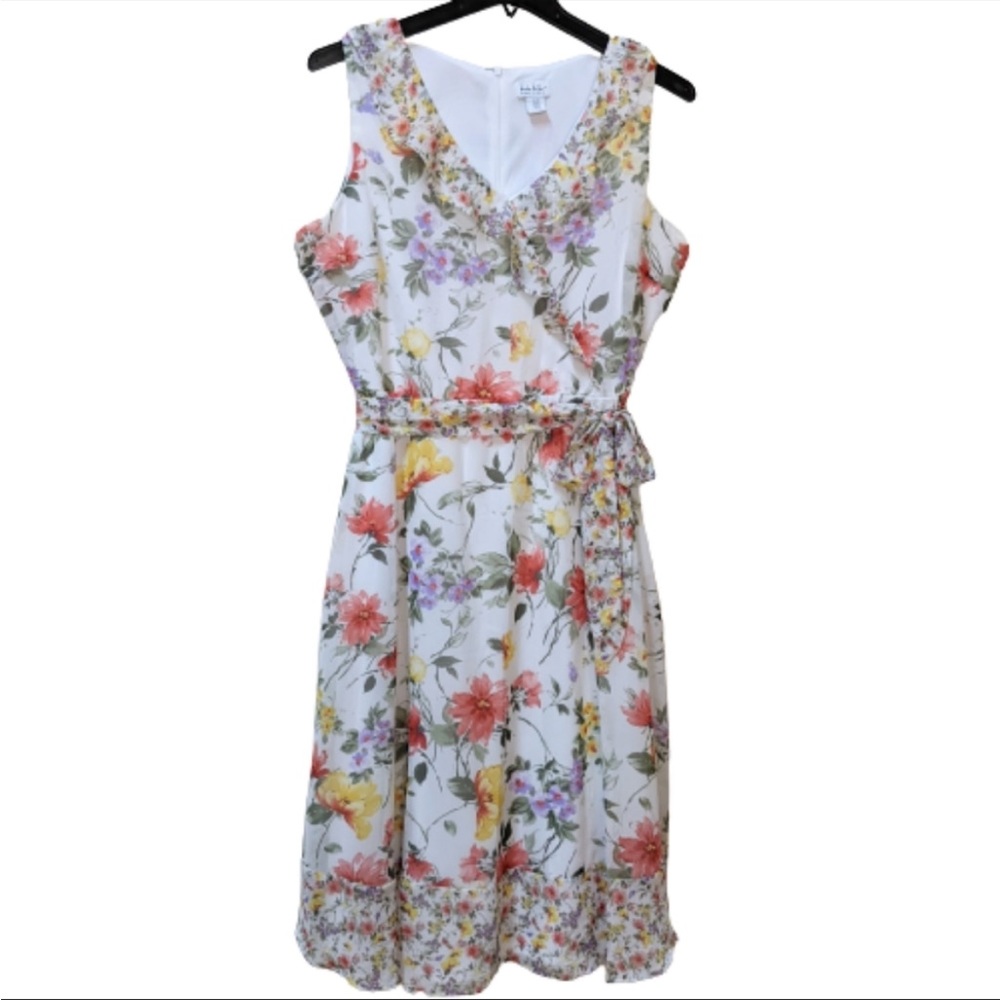 Nicole Miller NY Multicolor Floral V-neck Ruffle Sheer Chiffon Sleeveles…